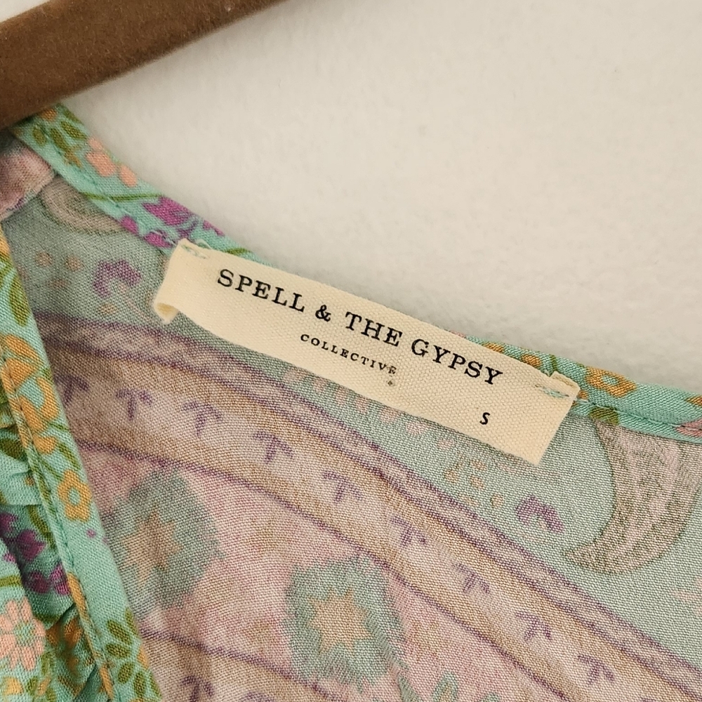 Spell And The Gypsy Paisley Print Ruffle Mini Dress Boho Chic Green Small - Picture 6 of 8